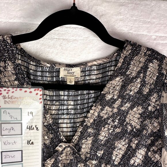 Dizzy Lizzy Black Floral Midi Dress Sz L Smocked Empire Waist Long Sleeve NWOT - Picture 11 of 14